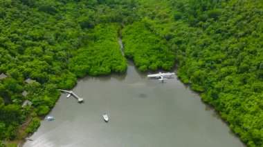 Concepcion, Busuanga 'da terk edilmiş uçak enkazı ve mangrovların hava manzarası. Palawan 'da. Filipinler.