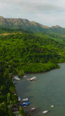 Coron 'da kıyı şeridinde tekneler. Filipinler, Palawan 'daki yeşil ağaçlar ve ormanlar. Dikey görünüm.