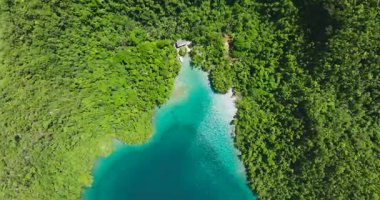 Kumsalın en üst manzarası ve yeşil berrak okyanus. Bucas Grande. Surigao del Norte, Filipinler.