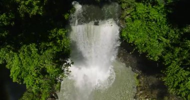 Yeşil ormandaki şelalenin aşağı manzarası. Tropik dağ ormanlarında şelale. Sebu Gölü. Mindanao, Filipinler. Seyahat kavramı.