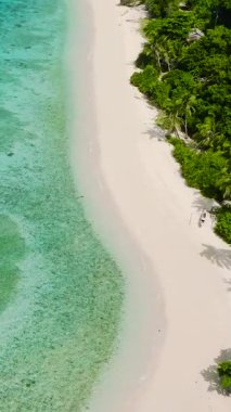 Kumlu sahil bölgesindeki mavi deniz ve turkuaz deniz suyunun en üst görüntüsü. Cobrador Adası. Romblon, Filipinler. Dikey görünüm.