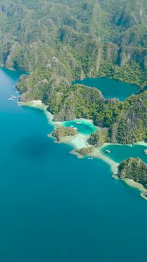 Şeffaf suyu olan güzel gölcükler. Coron, Palawan 'daki adalarda mavi deniz. Filipinler. Dikey görünüm.
