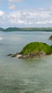 Okyanus dalgalarıyla adanın drone görüntüsü. Busuanga, Palawan 'da saydam deniz suyu. Filipinler. Dikey görünüm.