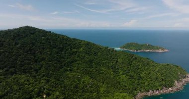 Açık mavi deniz, tropik ada manzarası ve parlak bir gökyüzünün altında yemyeşil bitki örtüsü. Koh Tao, Tayland.
