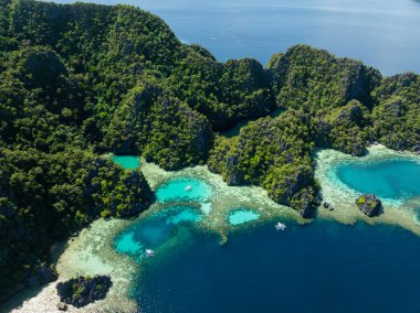 Gizli Göl 'ün turkuaz suyla ve Palawan, Coron' daki Kara Göl 'le görüntüsü. Filipinler.
