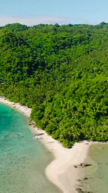 Alad Adası 'ndaki beyaz kumsal üzerindeki teknelerin hava manzarası. Romblon, Filipinler. Dikey görünüm.