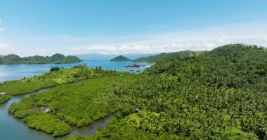 Gemisi olan tropik ada ve deniz limanının havadan görüntüsü. Mindanao, Filipinler. Seyahat kavramı.