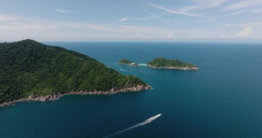 Turkuaz bir körfeze bakan yeşil tepeler kayalık kıyı şeridi ve canlı tropikal su. Koh Tao, Tayland.