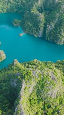 Su altı kaya oluşumlarıyla Kayangan Gölü 'nün en üst manzarası. Coron, Palawan. Filipinler. Dikey görünüm.