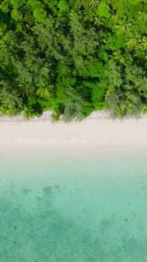Beyaz kumsalda dalgalar olan tropik bir sahil. Romblon, Filipinler. Dikey görünüm.