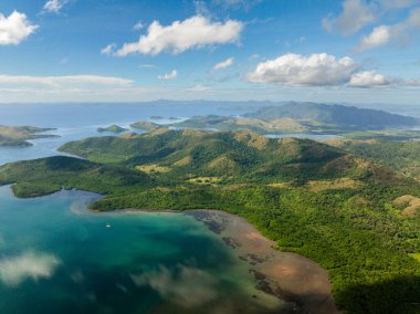 Coron 'da turkuaz suyu olan Mangrove ormanları. Mavi gökyüzü ve bulutlar. Palawan 'da. Filipinler.