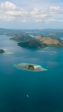 CYC Sahili ve mavi denizli Dimanglet Adası 'nın havadan görüntüsü. Lajala, Coron. Palawan 'da. Filipinler. Dikey görünüm.