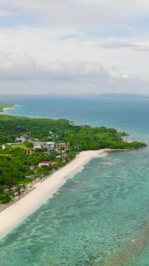 Romblon 'daki Carabao Adası' nda turkuaz su ve mercanlı beyaz kumsal. Filipinler. Dikey görünüm.