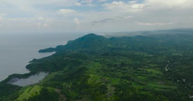 Dağlardaki tropik yeşil orman ve kıyılardaki tarım arazisi. Mindanao, Filipinler.