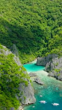 Cadlao Gölü 'ndeki kireçtaşı kayaları. El Nido. Palawan, Filipinler. Dikey görünüm.