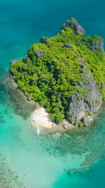 Cadlao Adası 'nda turkuaz suyu ve beyaz plajı olan Bukal Adası. El Nido. Palawan, Filipinler. Dikey görünüm.