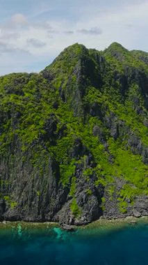 Mavi denizle çevrili Tapiutan Adası. El Nido, Palawan. Filipinler. Dikey görünüm.