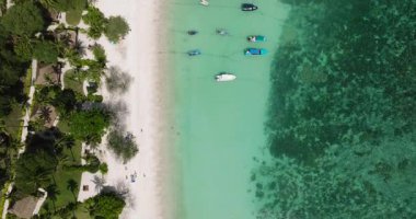 Beyaz bir tropikal plajın yakınındaki turkuaz suya demirli teknelerin havadan görünüşü. Köpekbalığı Körfezi. Koh Tao, Tayland.
