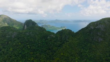 Yeşil tepeli dağ manzarası ve kireçtaşı kayaları yemyeşil yaprakları kaplıyor. El Nido, Palawan. Filipinler.