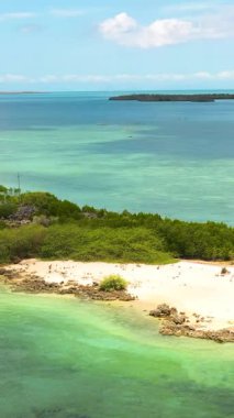 Tropik turkuaz deniz suları ve mercanlar. Beyaz kumlu küçük bir ada. Bantayan, Cebu. Filipinler. Dikey görünüm.