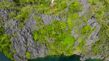 Dağ ormanı ve muhteşem kireçtaşı oluşumuyla Miniloc Adası. El Nido, Palawan. Filipinler.