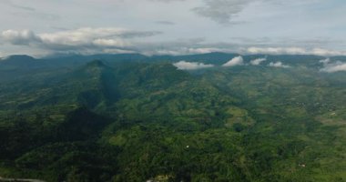 Tropik vadi ve dağ yamaçlarında yağmur ormanları var. Mavi gökyüzü ve bulutlar. Mindanao, Filipinler.