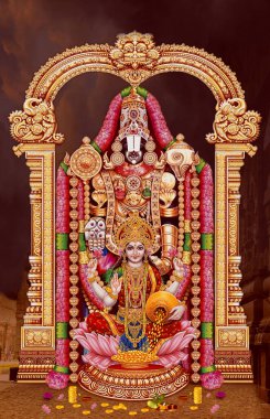Lord Tirupati Balaji renkli arka plan duvar kağıdıyla Tanrı Tirupati Balaji poster tasarımı, Bhagwan Vishnu. Hint tanrısı Balaji ve laxmi mata. 