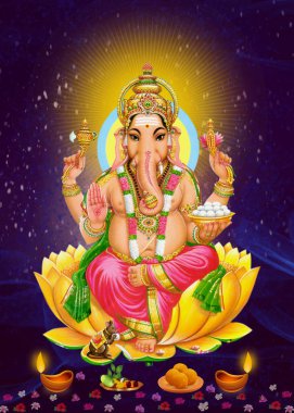Ganpati, dekoratif arka planda renkli Hindu Lord Ganesha 'nın Ganesh Illustration' ı. Hint Tanrısı Ganesha