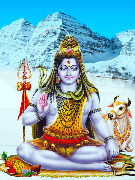 Indian hindu god shiva and sankar ji. lord shiva god hinduism ox snake animal spiritual illustration. Mountain of lord shiva