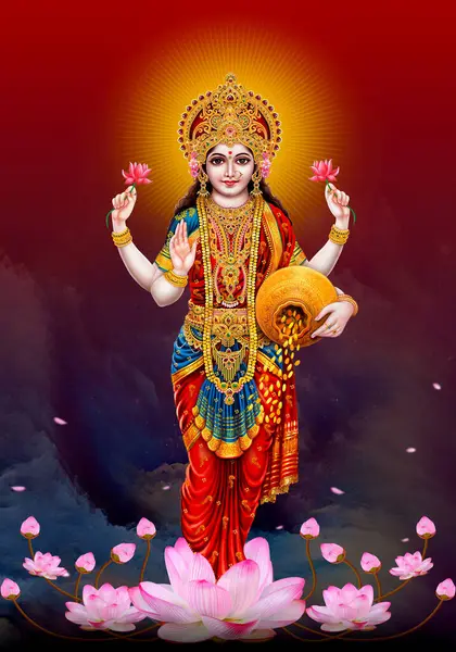 印度神Laxmi Maa彩色背景 Maa Laxmi图像 Lakshmi Devi海报 Laxmi Mata墙纸图像 — 图库照片