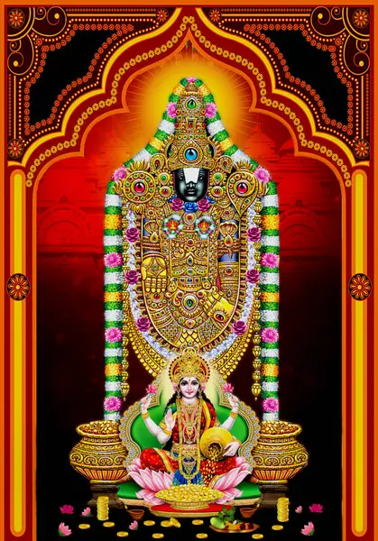 印度神Balaji与Laxmi Mata 提鲁帕提 巴拉吉勋爵 背景墙纸色彩艳丽 上帝提鲁帕提 巴拉吉招贴画设计 Bhagwan Vishnu — 图库照片