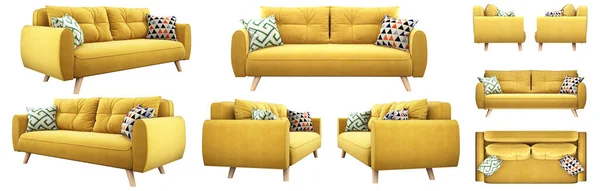 異なる角度から現実的な黄色のダブルソファベッド デザイン コラージュ バナーのソファ予測 — ストック写真
