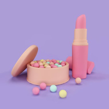 3D simge oluşturma. Grafik minimalist gerçekçi kozmetik çizimi. Ruj, yüz pudrası. mor arka plan. pembe nesneler.
