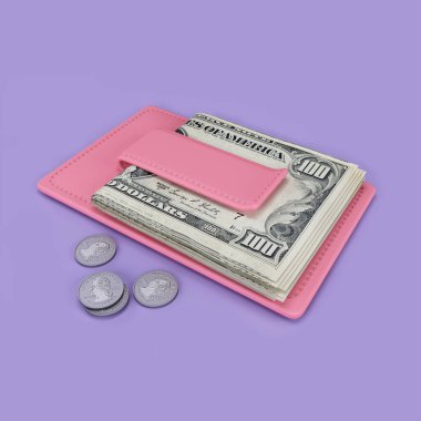 3D simge oluşturma. Para ve bozuk para dolu cüzdan. Grafik minimalist gerçekçi para illüstrasyonu. Mor arkaplan, pembe nesneler.