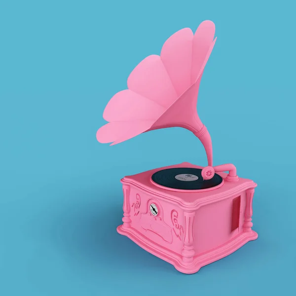 青い背景にピンクの蓄音機 録音付きレトロ蓄音機 3Dアイコン — ストック写真