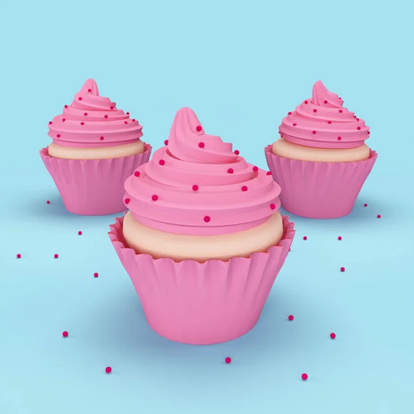 青い背景にスプリンクルで装飾されたピンクのカップケーキ 3Dレンダリング — ストック写真