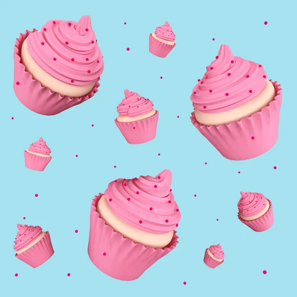Background pattern of pink cupcakes on a blue background. 3d sweet background