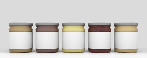 3 boyutlu görüntüleme. Bal kavanozu etiketi için maket. Beyaz etiketli 5 kavanoz bal.