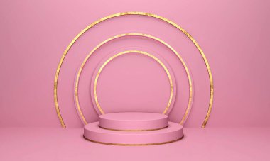 3D görüntüleme. Ürünler için gösteri platformu. Pembe arka plan, ikinci kademe podyum ve zemin. Altın çizgili arkaplan.