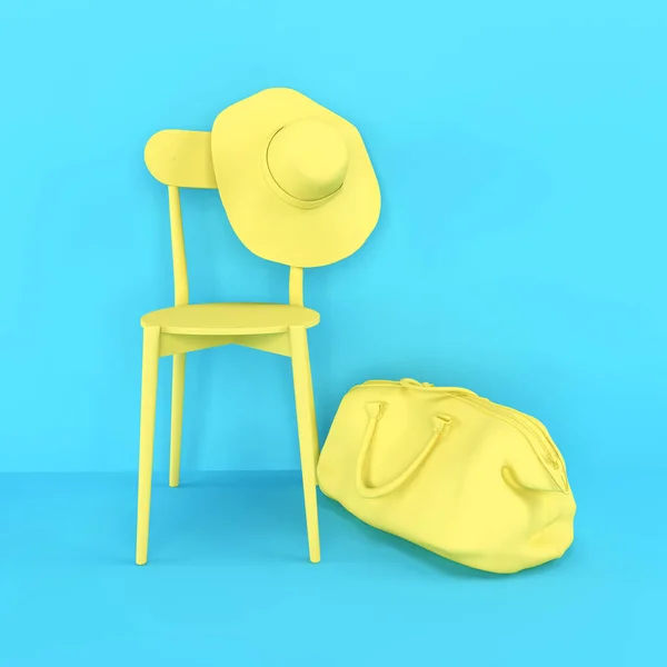Parlak üç boyutlu iç mekan. Sarı şapkalı bir sandalye, mavi bir duvara karşı sandalyenin yanında bir seyahat çantası. Mobilya 3D. Mobilya ikonu. Web sayfası, sunum veya resim arkaplanı için 3d hazırlama