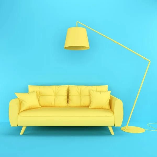 Parlak üç boyutlu iç mekan. Sarı bir kanepe ve mavi duvara dayalı uzun, modern bir lamba. Mobilya 3D. Mobilya ikonu. Web sayfası, sunum veya resim arkaplanı için 3d hazırlama