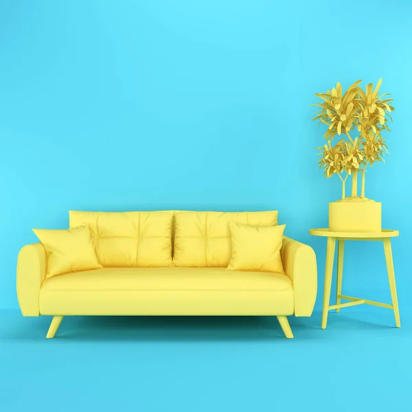 Bright 3D interior. A yellow sofa and an interior flower on a round table against a blue wall. Furniture 3d. Furniture icon. 3d rendering for web page, presentation or image background
