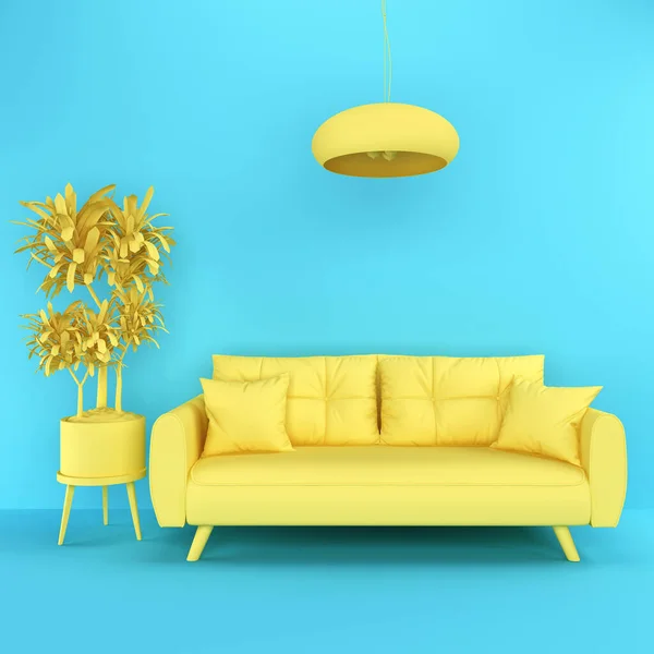 Bright 3D interior. A yellow sofa, an interior flower on a stand and a ceiling lamp against a blue wall. Furniture 3d. Furniture icon. 3d rendering for web page, presentation or image background