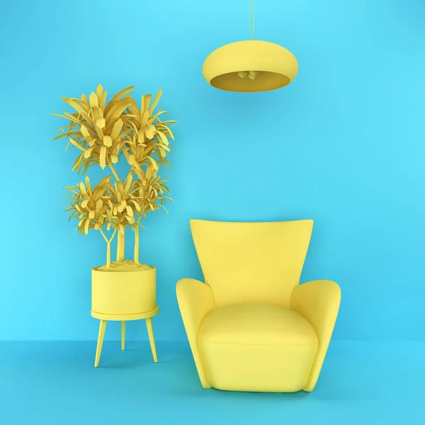 Bright 3D interior. A yellow soft armchair, an interior flower on a stand and a ceiling lamp against a blue wall. Furniture 3d. Furniture icon. 3d rendering for web page, presentation or image backgro