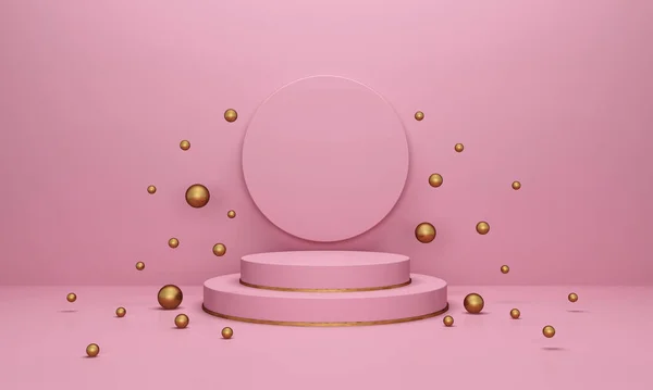 Візуалізація Фону Рожевий Фон Круглим Дворівневим Подіумом Тлом Тлі Золотих — стокове фото