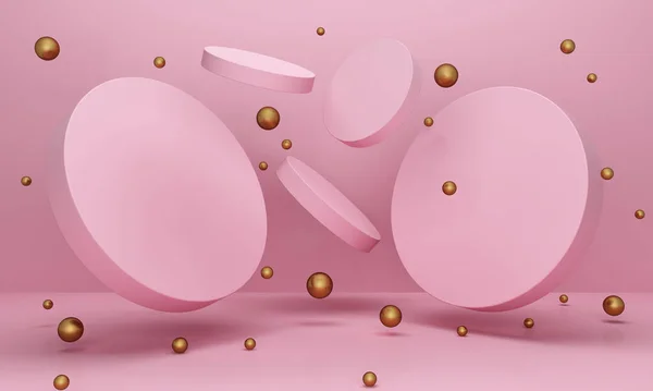 Рожевий Фон Геометричного Кола Золотими Кульками Навколо Хаотичні Плаваючі Геометричні — стокове фото