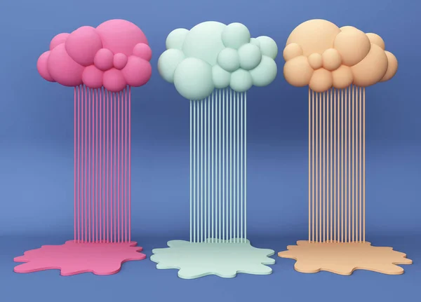 3d background for product presentation. Exhibition stand Color clouds with rain and puddle podium. Cloud installation. Blue background 3d render.