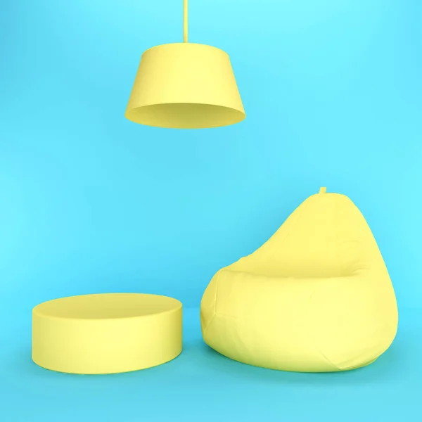 Bright Interior Yellow Pouffe Bag Ceiling Lamp Coffee Table Blue — Stock Photo, Image