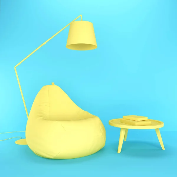 明るい3Dインテリア 黄色のパフバッグ梨 背の高い現代的な床ランプと青い壁に対する本とコーヒーテーブル 家具3D 家具のアイコン ウェブページ プレゼンテーションまたは画像Bのための3Dレンダリング — ストック写真