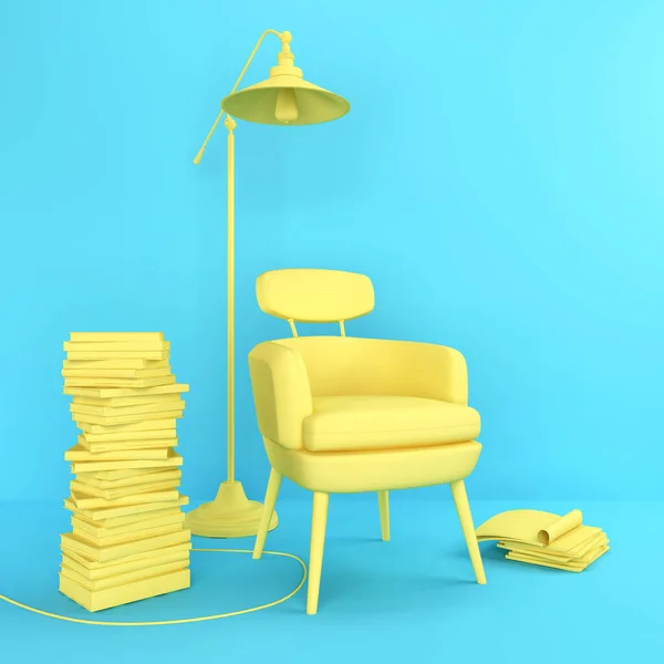 Bright 3D interior. Yellow armchairs, a floor lamp and books against a blue wall. Furniture 3d. furniture icon. 3d rendering for web page, presentation or image background